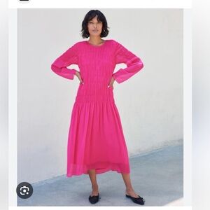 AYR Something Special Pink Silk Midi Dress Long Sleeve Feminine Women's XS